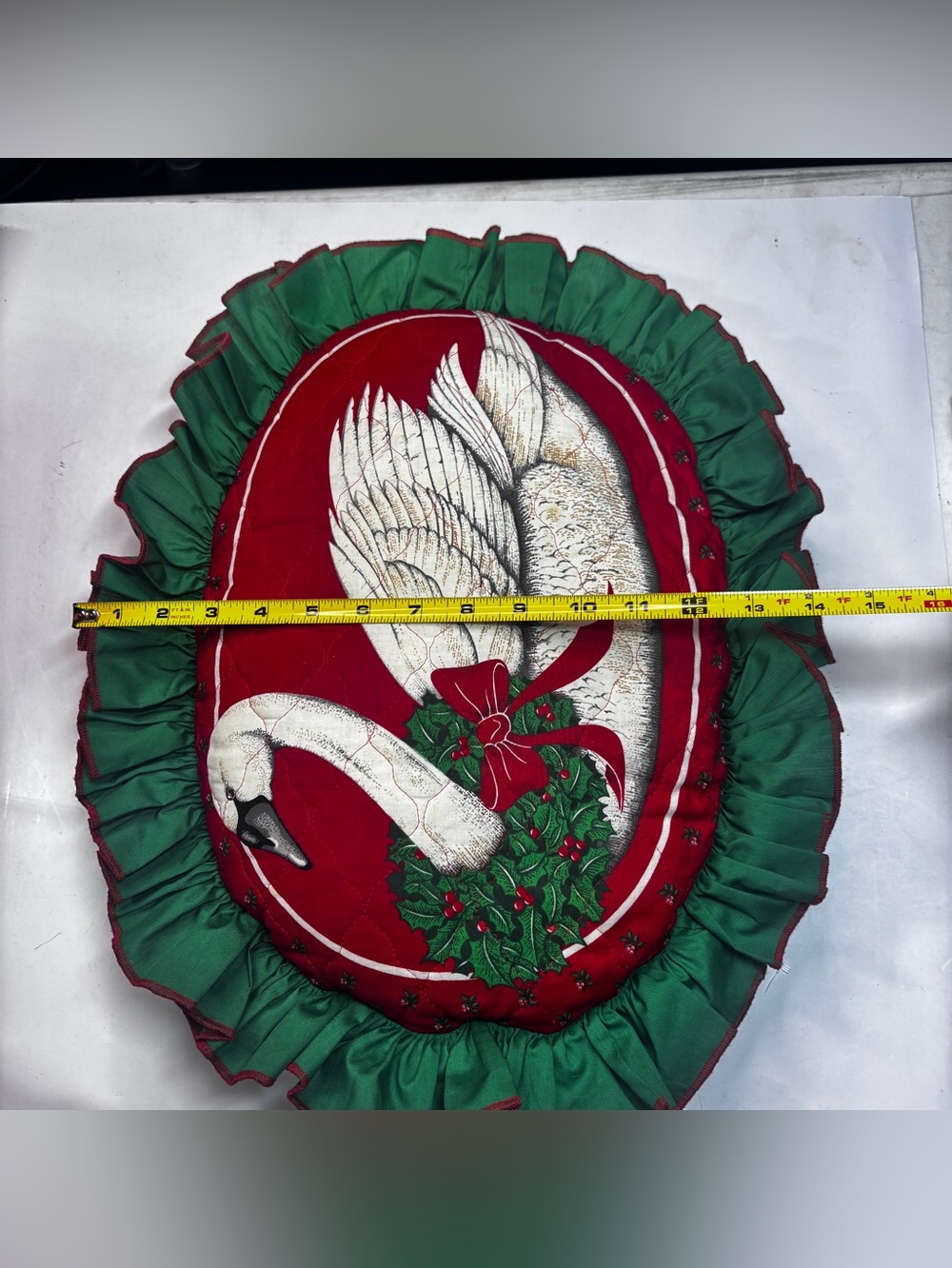 Vintage Christmas Swan Holly Wreath Toss Pillow Seasonal Grandma core Country - Picture 7 of 10
